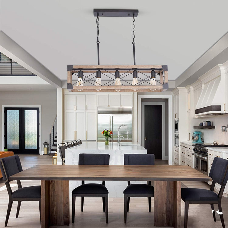 wood caged chandelier with 5 light bulbs over a table