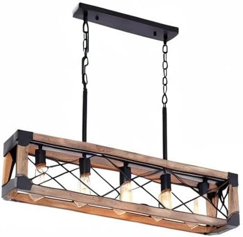 5 Lights Farmhouse Wood Linear Chandelier