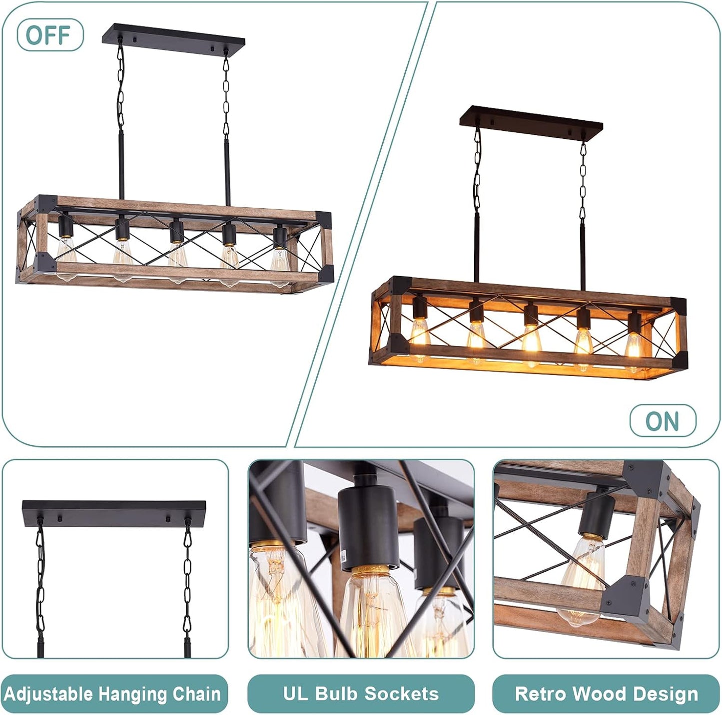 5 Lights Farmhouse Wood Linear Chandelier
