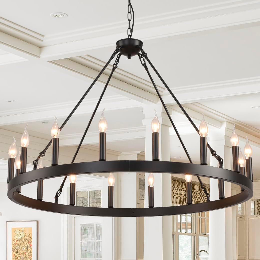 Large Industrial Black Wagon Wheel Chandelier