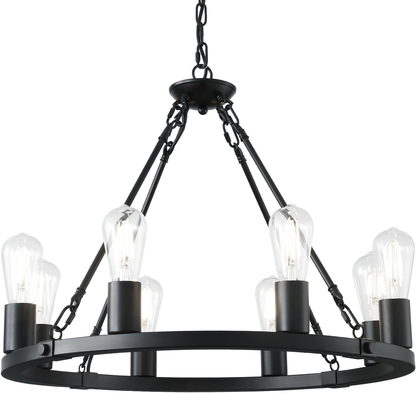 8 Lights Wagon Wheel Chandelier, Black Kitchen Island Lighting Fixture round Metal Industrial Farmhouse Dining Room Pendant Light for Living Room Foyer Entryway,E26 Socket, 23.6". Height Adjustable