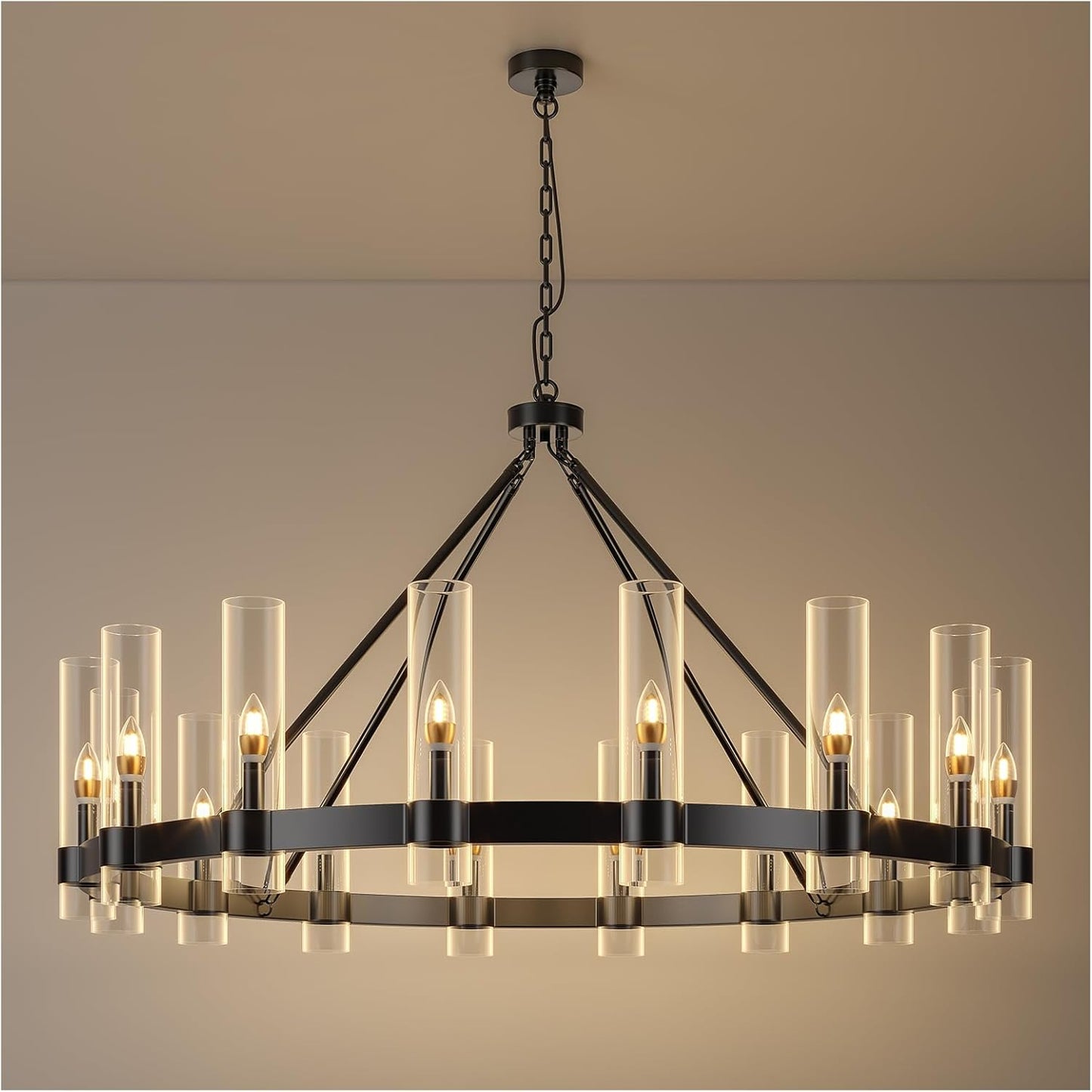 48 Inch Black Wagon Wheel Chandelier with Glass Shade