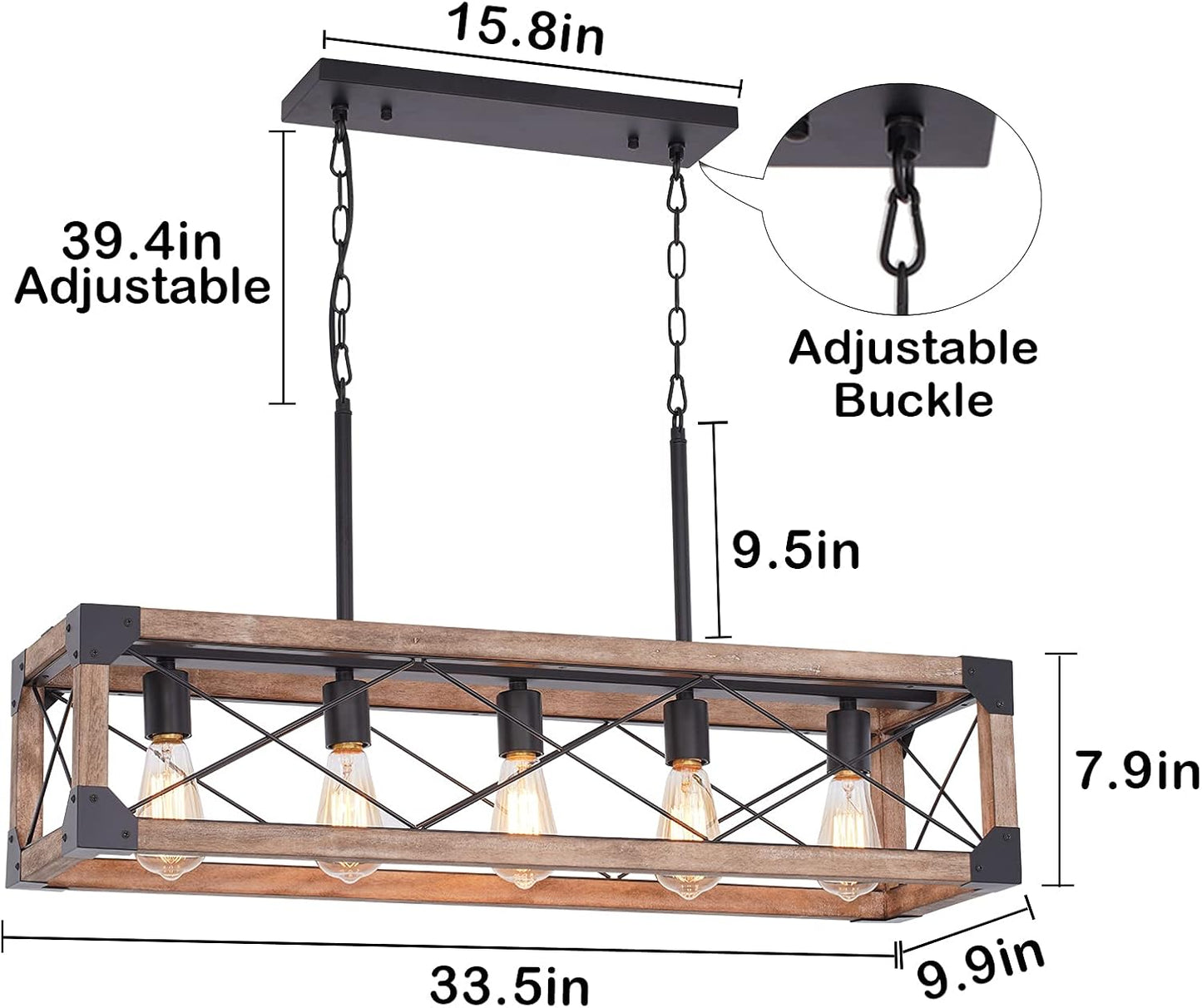 5 Lights Farmhouse Wood Linear Chandelier