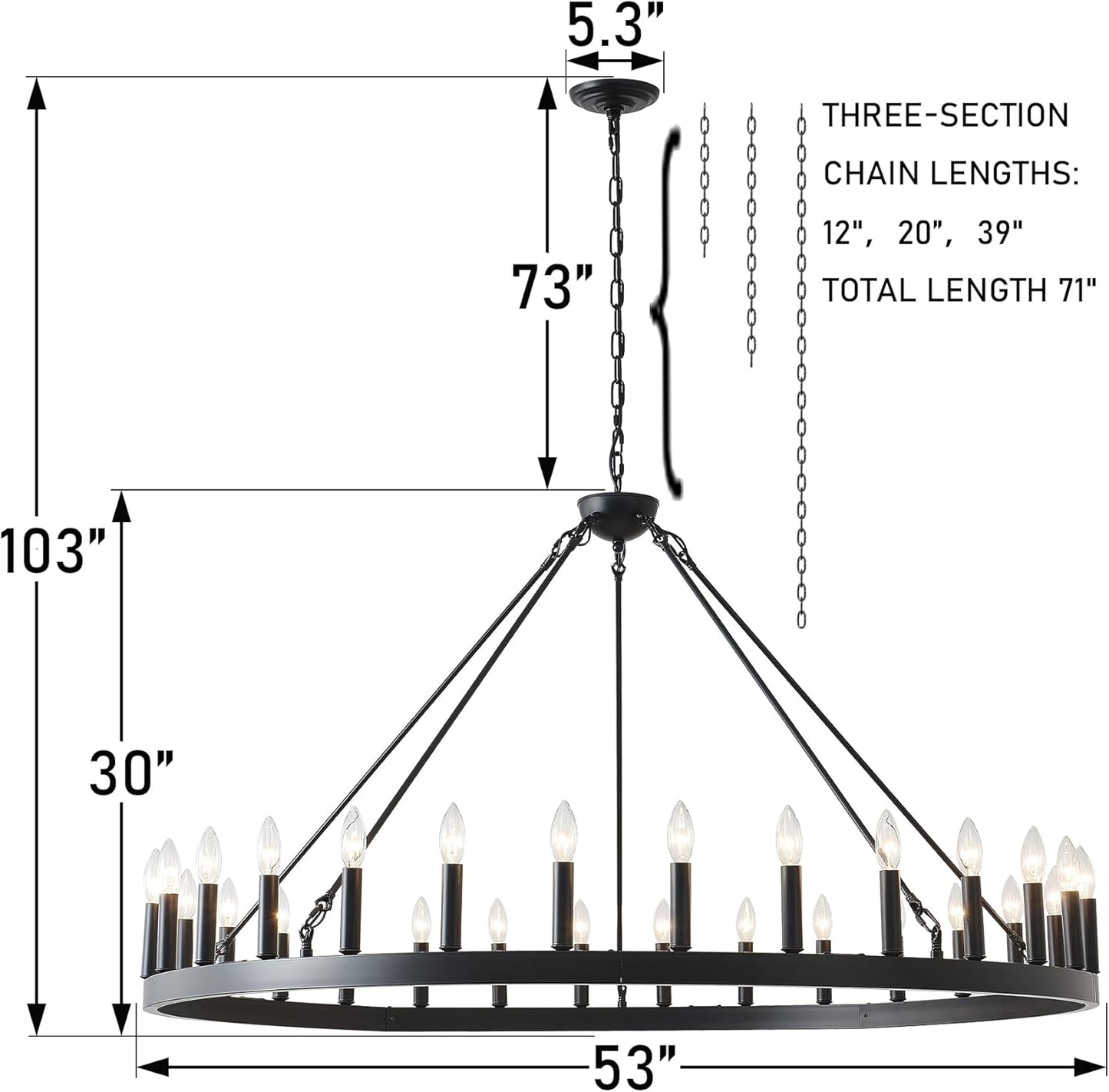 53 Inch Large Black Wagon Wheel Farmhouse Chandelier