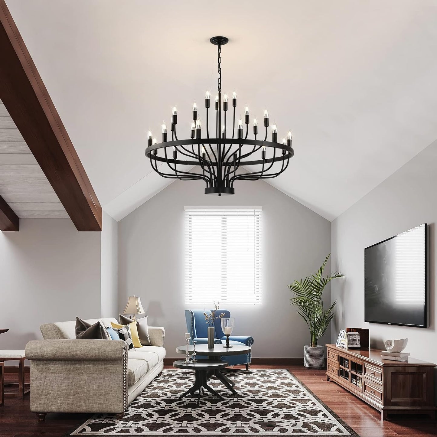 24 Light Black Candle Wagon Wheel Chandelier