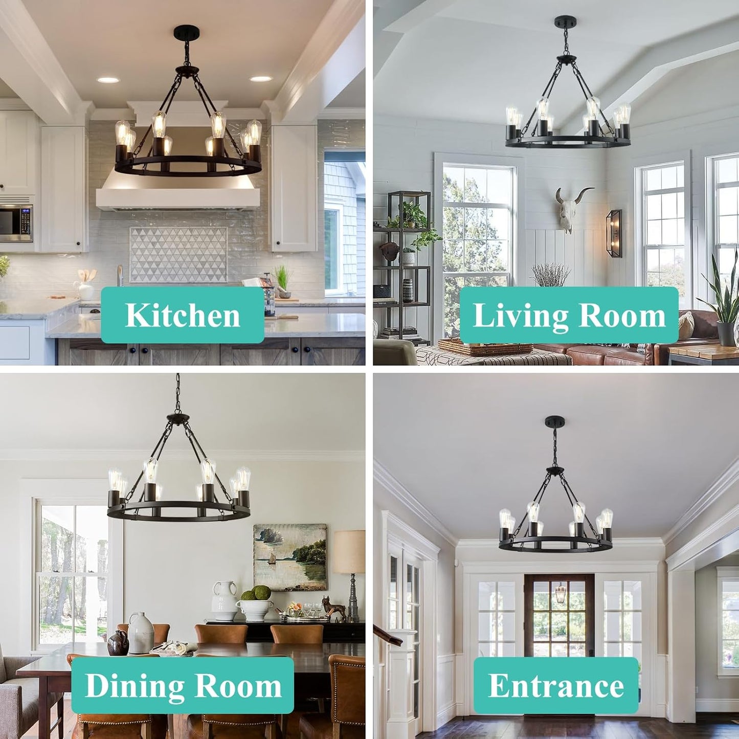 8 Lights Wagon Wheel Chandelier, Black Kitchen Island Lighting Fixture round Metal Industrial Farmhouse Dining Room Pendant Light for Living Room Foyer Entryway,E26 Socket, 23.6". Height Adjustable