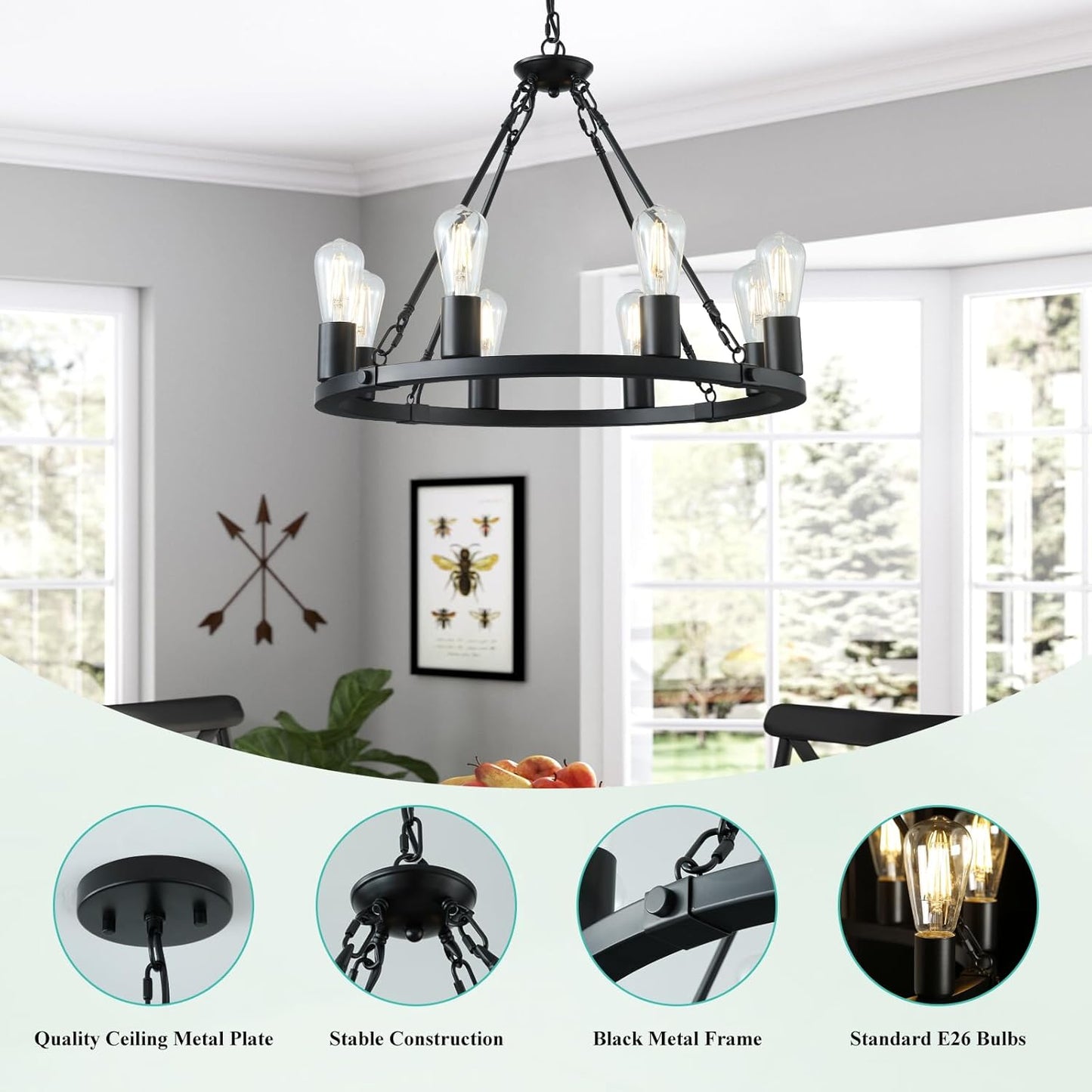 8 Lights Wagon Wheel Chandelier, Black Kitchen Island Lighting Fixture round Metal Industrial Farmhouse Dining Room Pendant Light for Living Room Foyer Entryway,E26 Socket, 23.6". Height Adjustable
