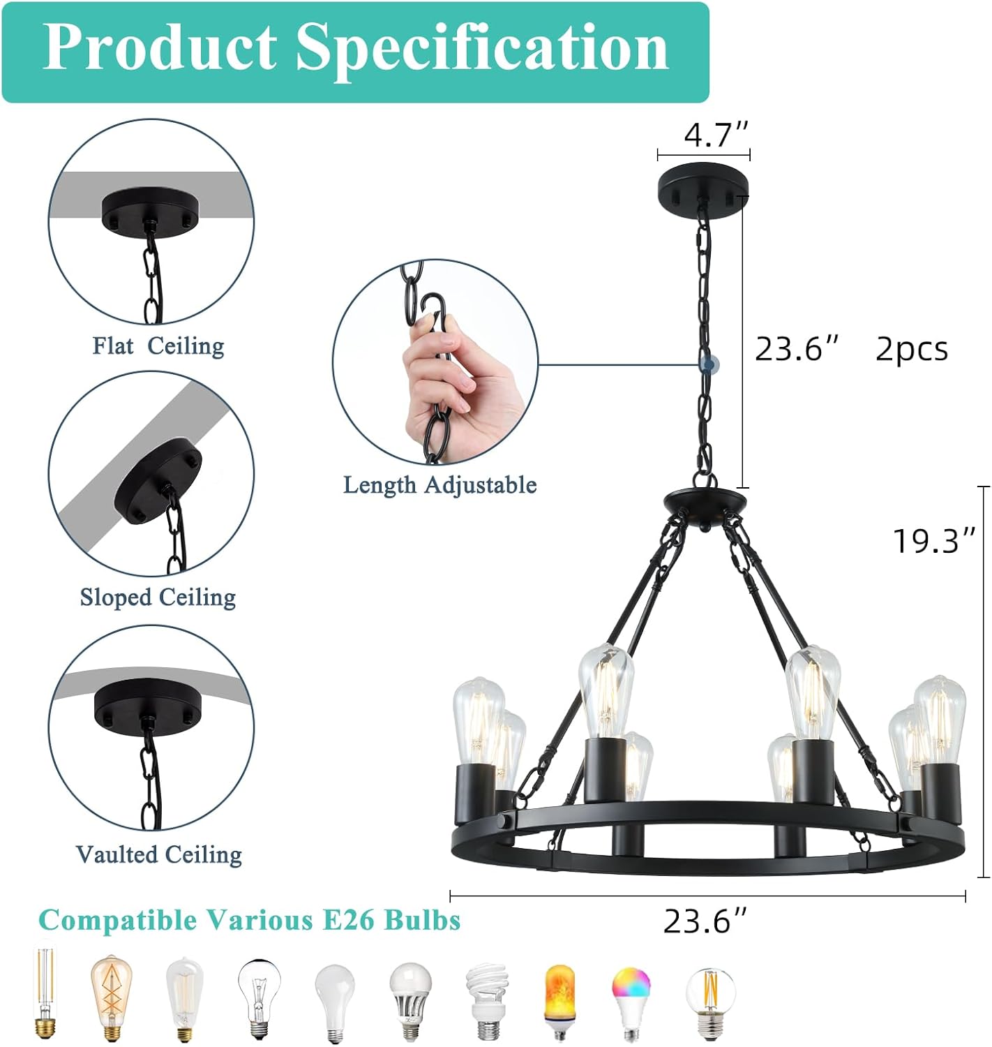 8 Lights Wagon Wheel Chandelier, Black Kitchen Island Lighting Fixture round Metal Industrial Farmhouse Dining Room Pendant Light for Living Room Foyer Entryway,E26 Socket, 23.6". Height Adjustable