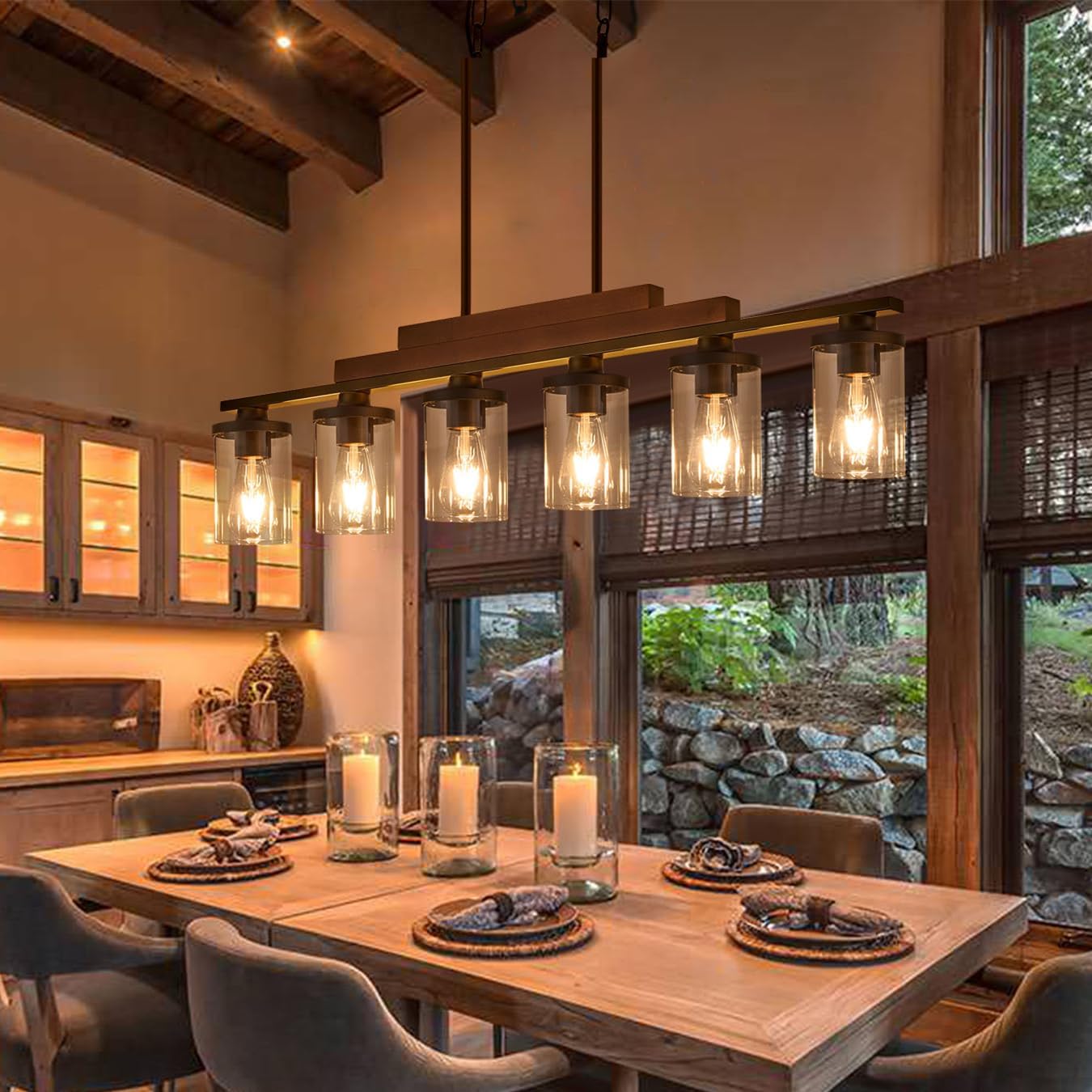 Farmhouse Rustic Wood Linear Chandelier with Clear Glass Shade