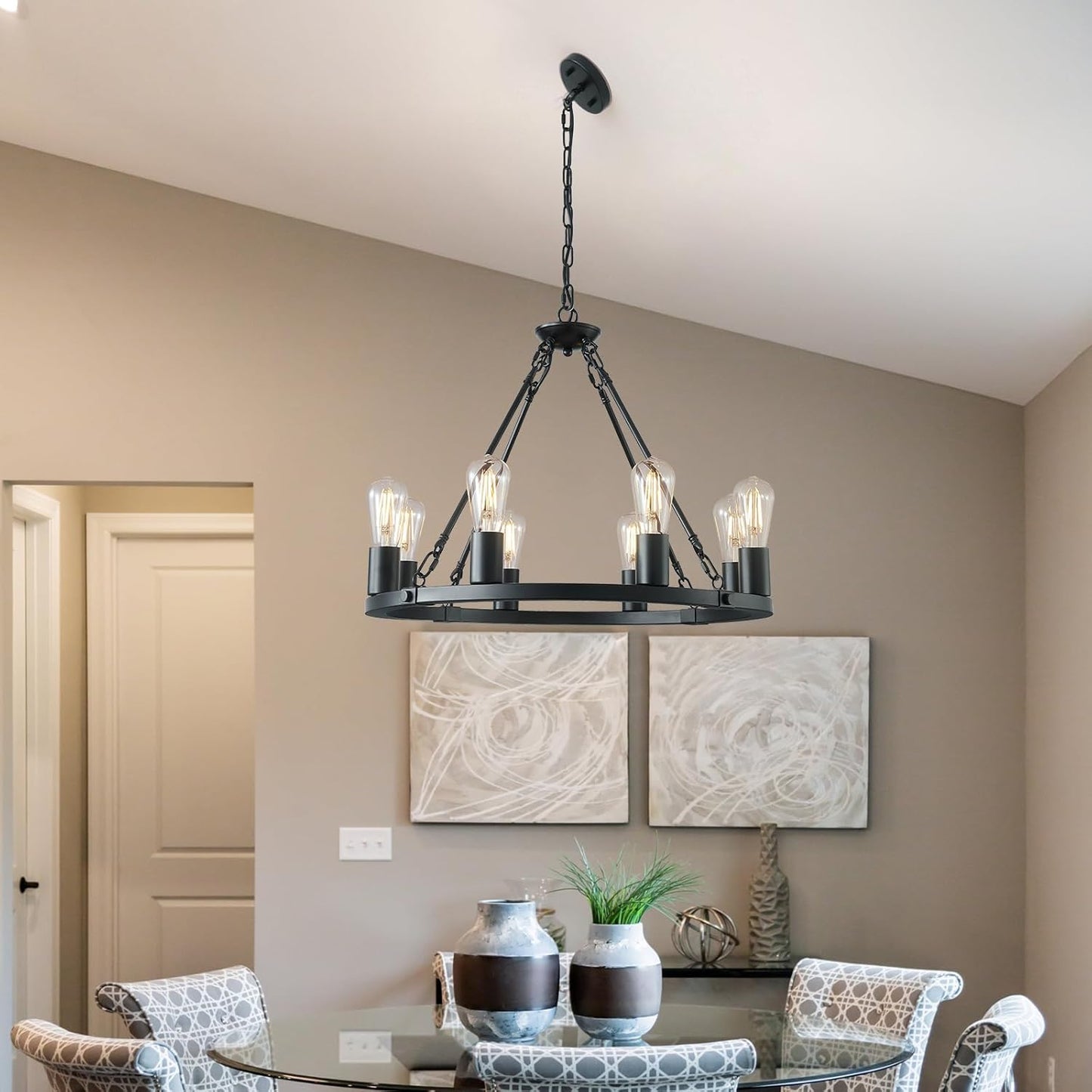 8 Lights Wagon Wheel Chandelier, Black Kitchen Island Lighting Fixture round Metal Industrial Farmhouse Dining Room Pendant Light for Living Room Foyer Entryway,E26 Socket, 23.6". Height Adjustable