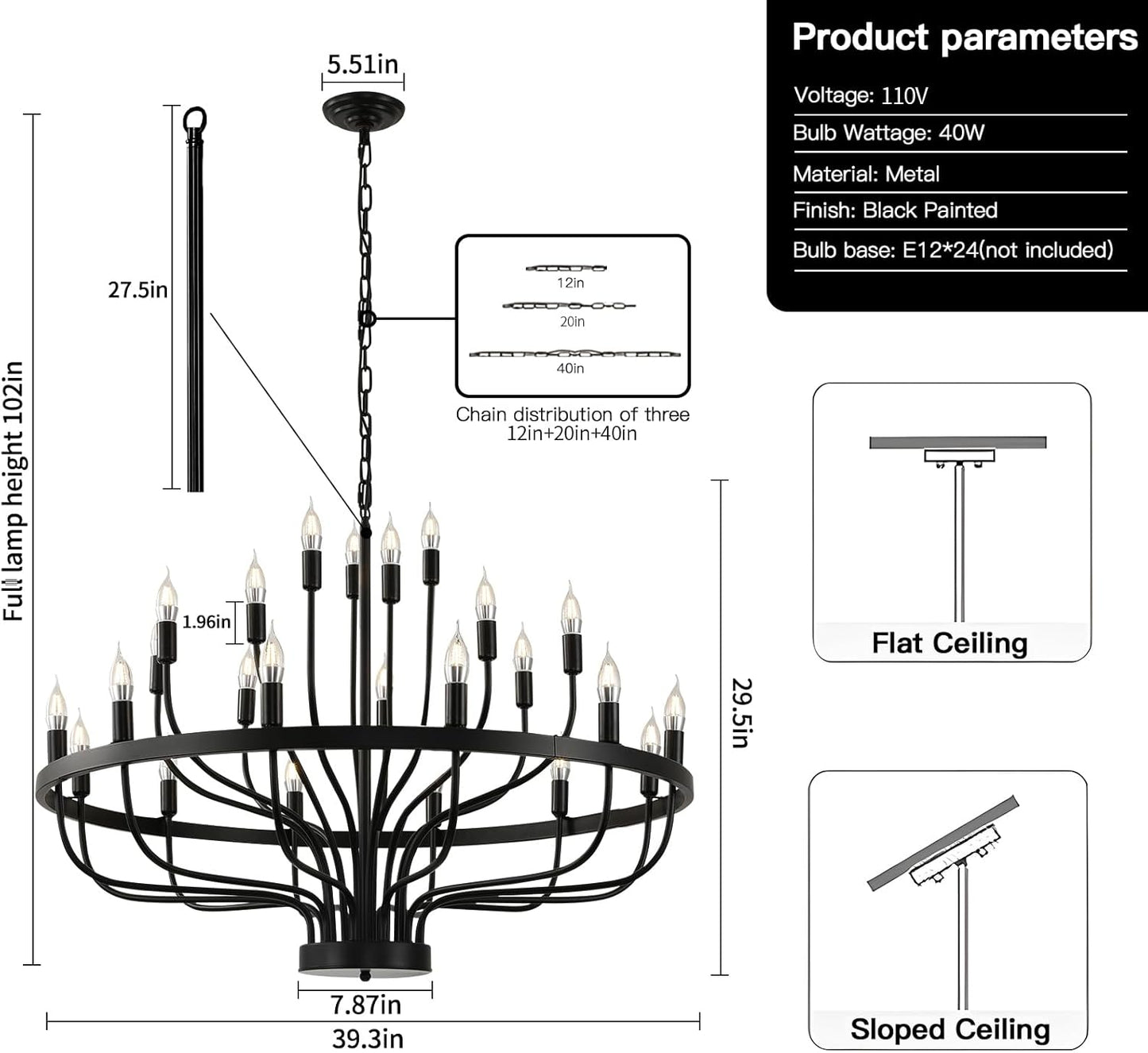 24 Light Black Candle Wagon Wheel Chandelier