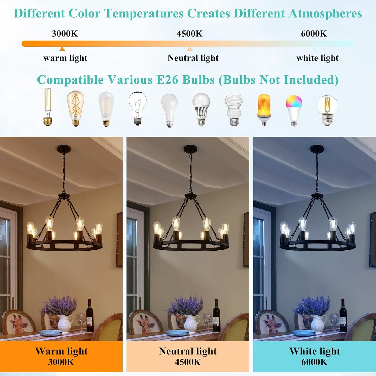 8 Lights Wagon Wheel Chandelier, Black Kitchen Island Lighting Fixture round Metal Industrial Farmhouse Dining Room Pendant Light for Living Room Foyer Entryway,E26 Socket, 23.6". Height Adjustable