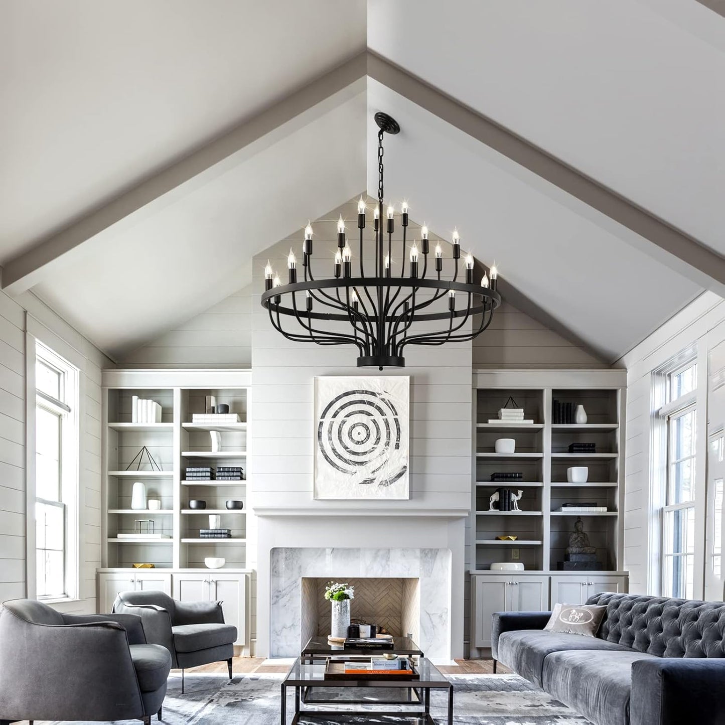 24 Light Black Candle Wagon Wheel Chandelier