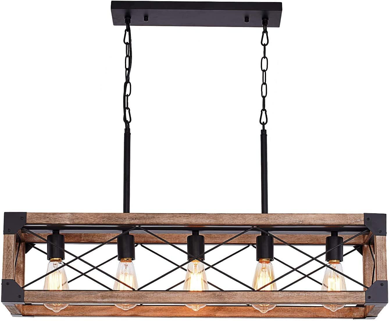 5 Lights Farmhouse Wood Linear Chandelier