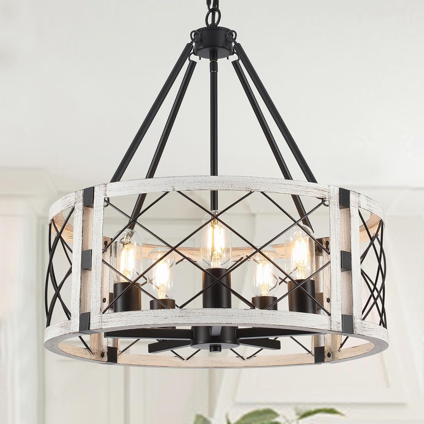 Farmhouse Chandelier, 9.8 Inch 5-Light Black Dining Room Lighting Fixtures Rustic Adjustable Hanging Pendant Lighting for Kitchen Island Entryway Foyer Bedroom Hallway