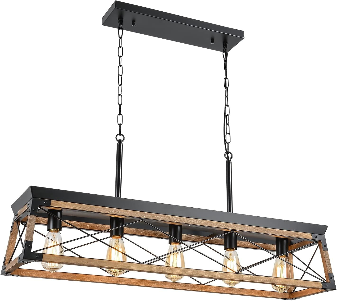 5 Lights Farmhouse Wood Linear Chandelier