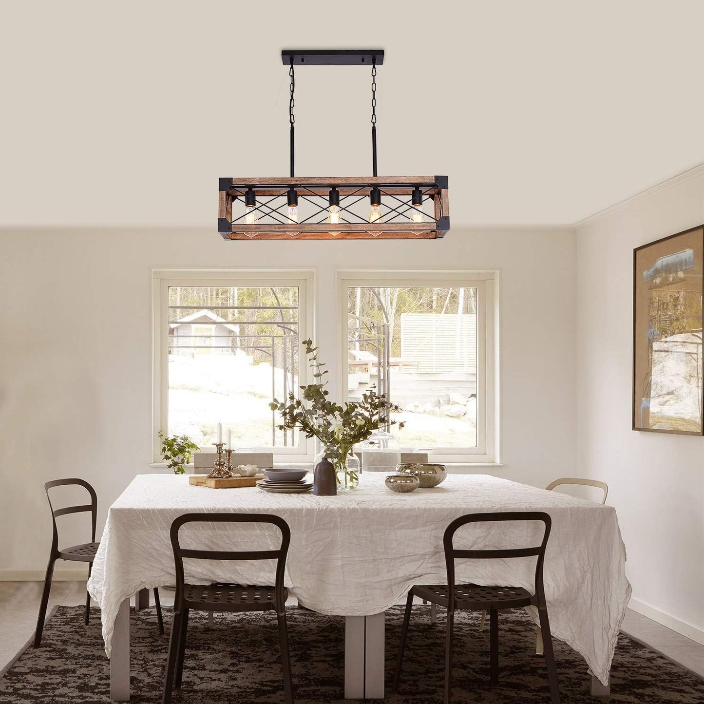 5 Lights Farmhouse Wood Linear Chandelier