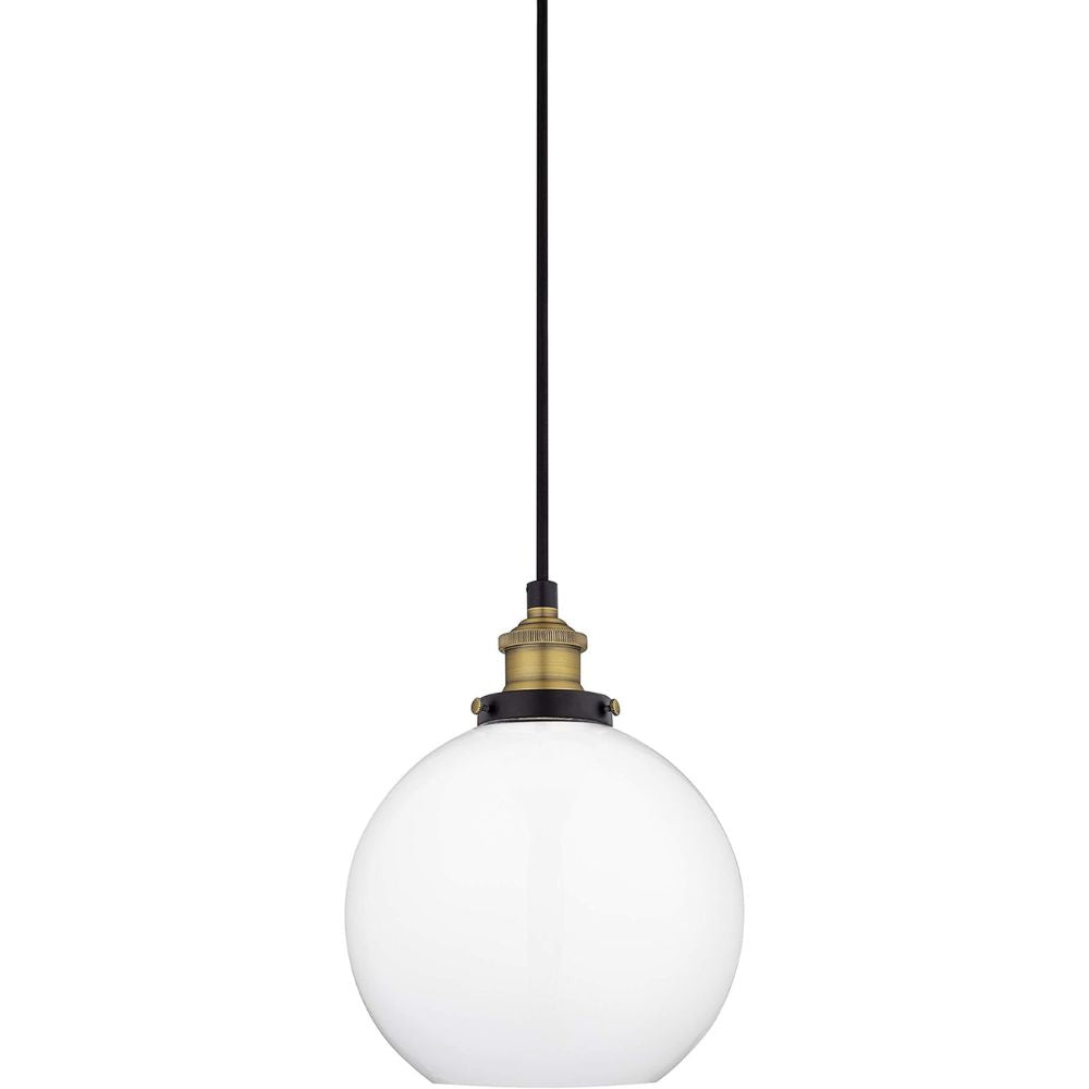 Large Black/Brass Glass Globe Pendant Light with milk glass shade