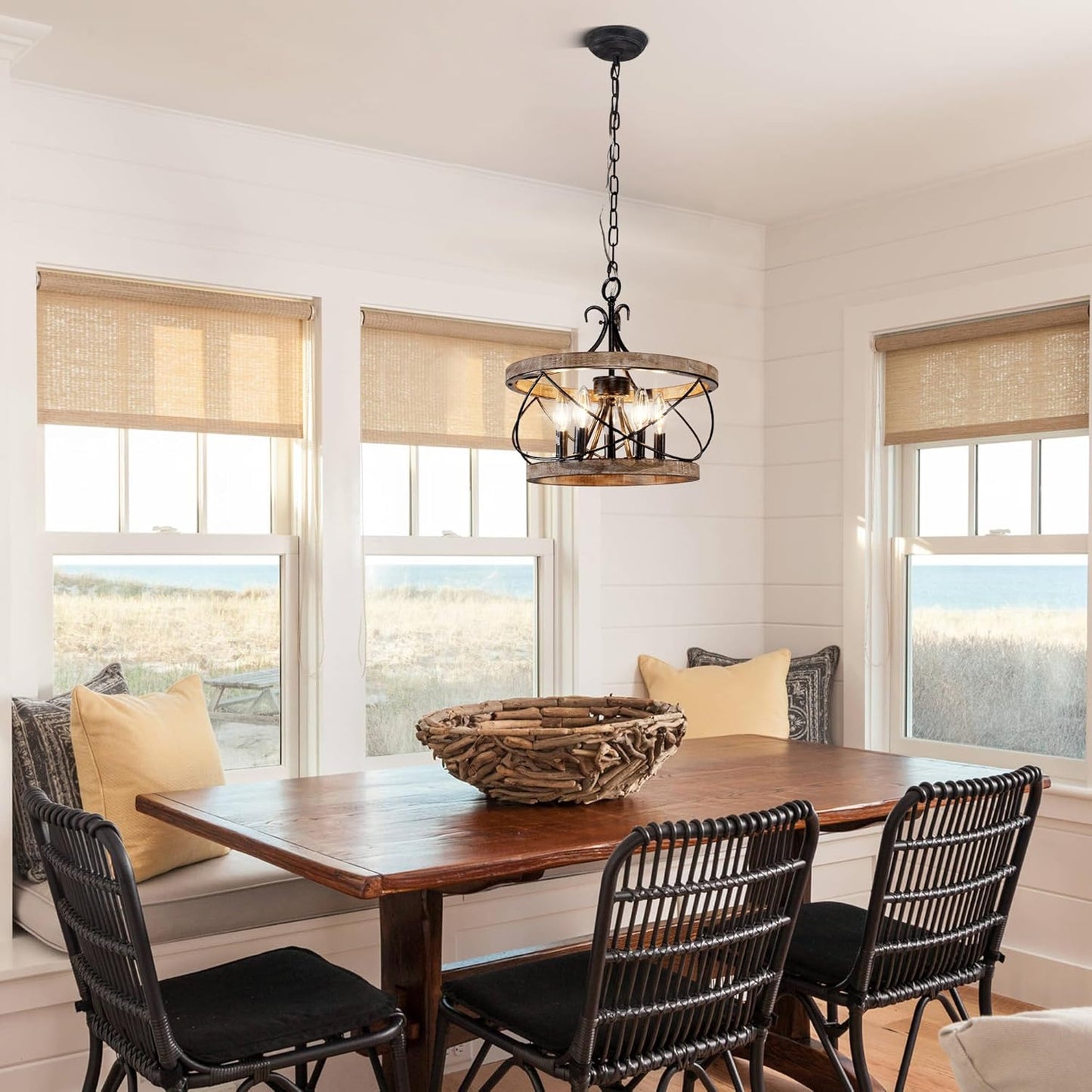 5-Light Farmhouse Drum Wood Chandelier