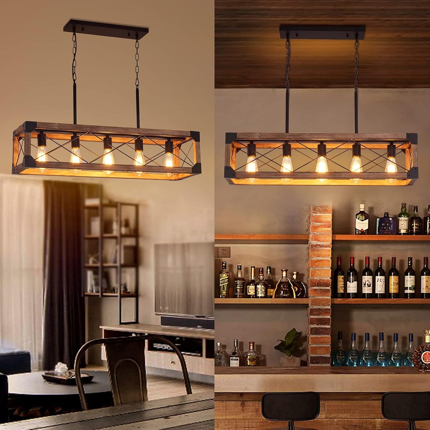 5 Lights Farmhouse Wood Linear Chandelier