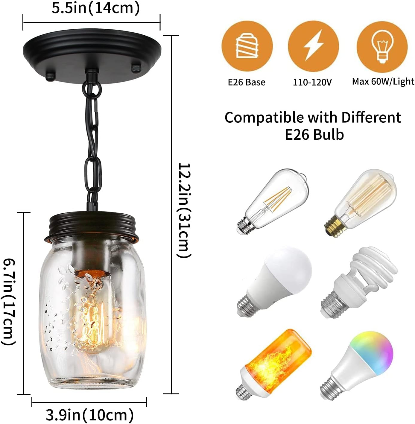 1-5 Light Glass Mason Jar Pendant Light Fixture
