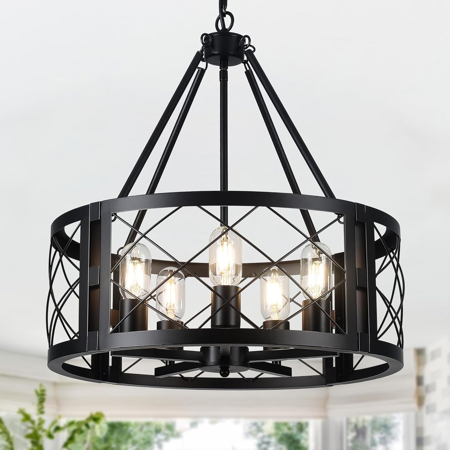 Farmhouse Chandelier, 9.8 Inch 5-Light Black Dining Room Lighting Fixtures Rustic Adjustable Hanging Pendant Lighting for Kitchen Island Entryway Foyer Bedroom Hallway