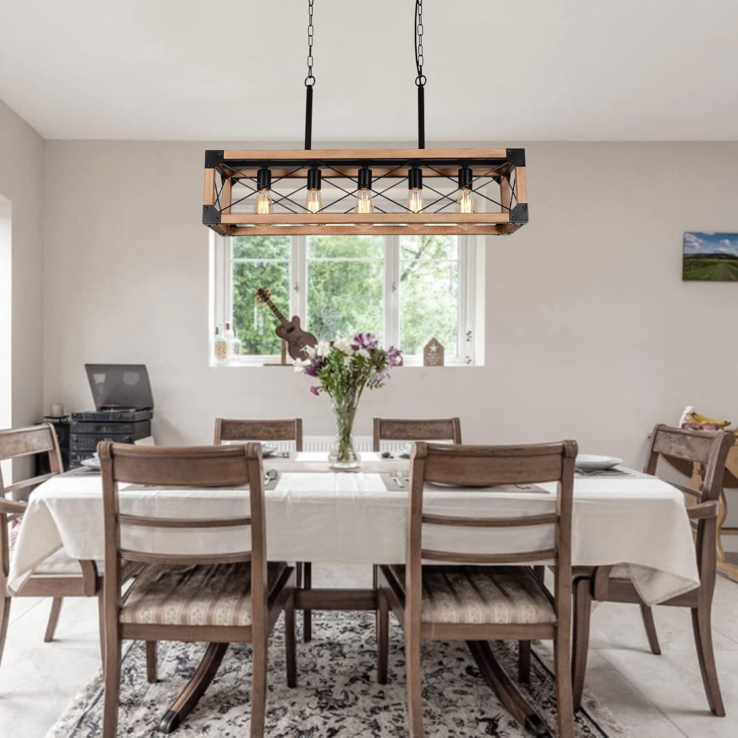 5 Lights Farmhouse Wood Linear Chandelier