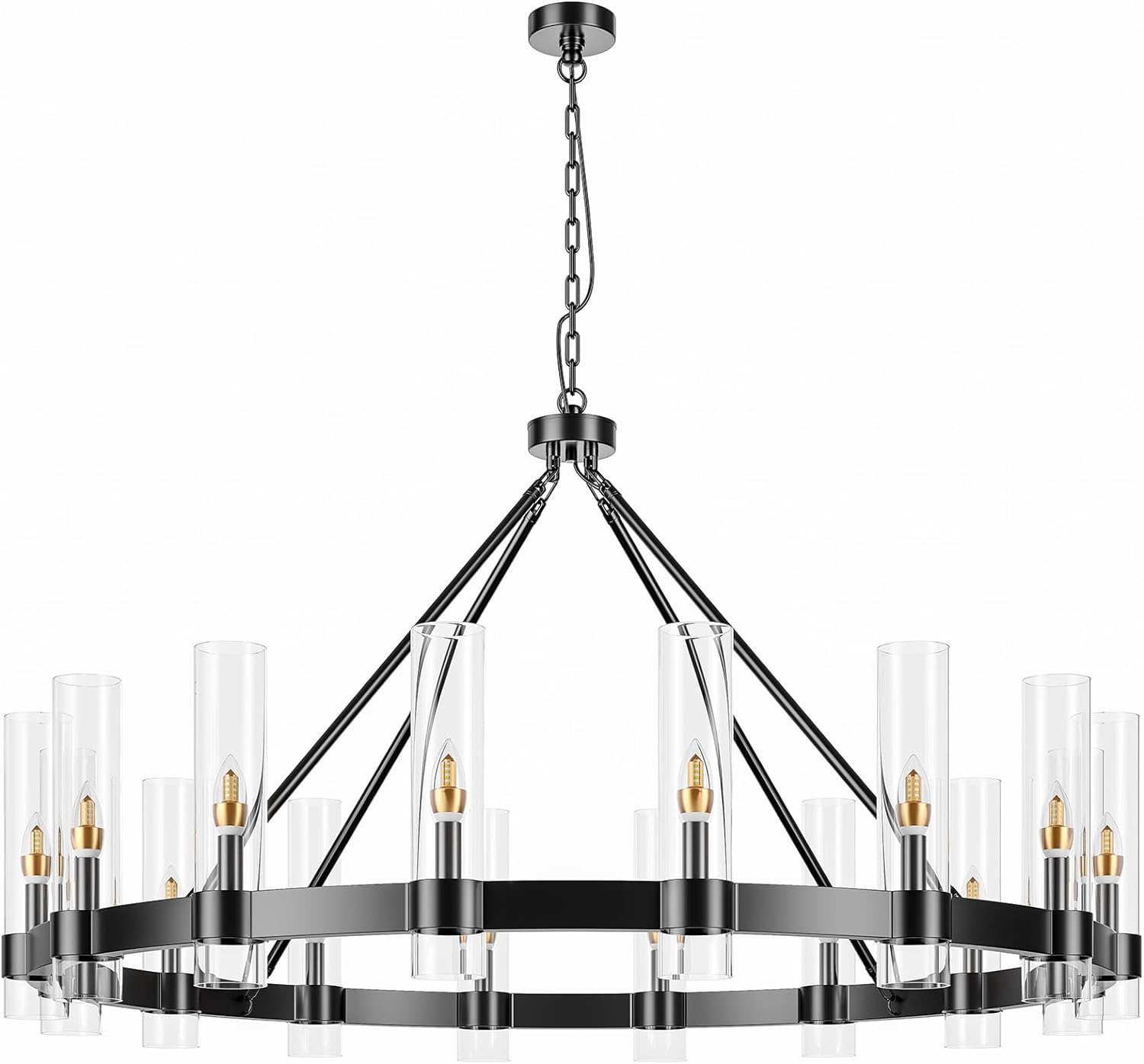 48 Inch Black Wagon Wheel Chandelier with Glass Shade