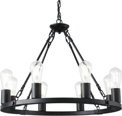 8 Lights Wagon Wheel Chandelier, Black Kitchen Island Lighting Fixture round Metal Industrial Farmhouse Dining Room Pendant Light for Living Room Foyer Entryway,E26 Socket, 23.6". Height Adjustable