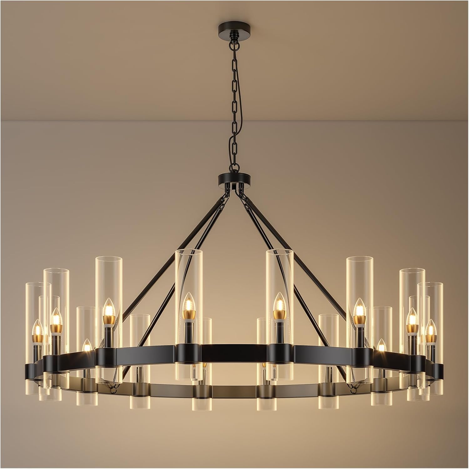 48 Inch Black Wagon Wheel Chandelier with Glass Shade