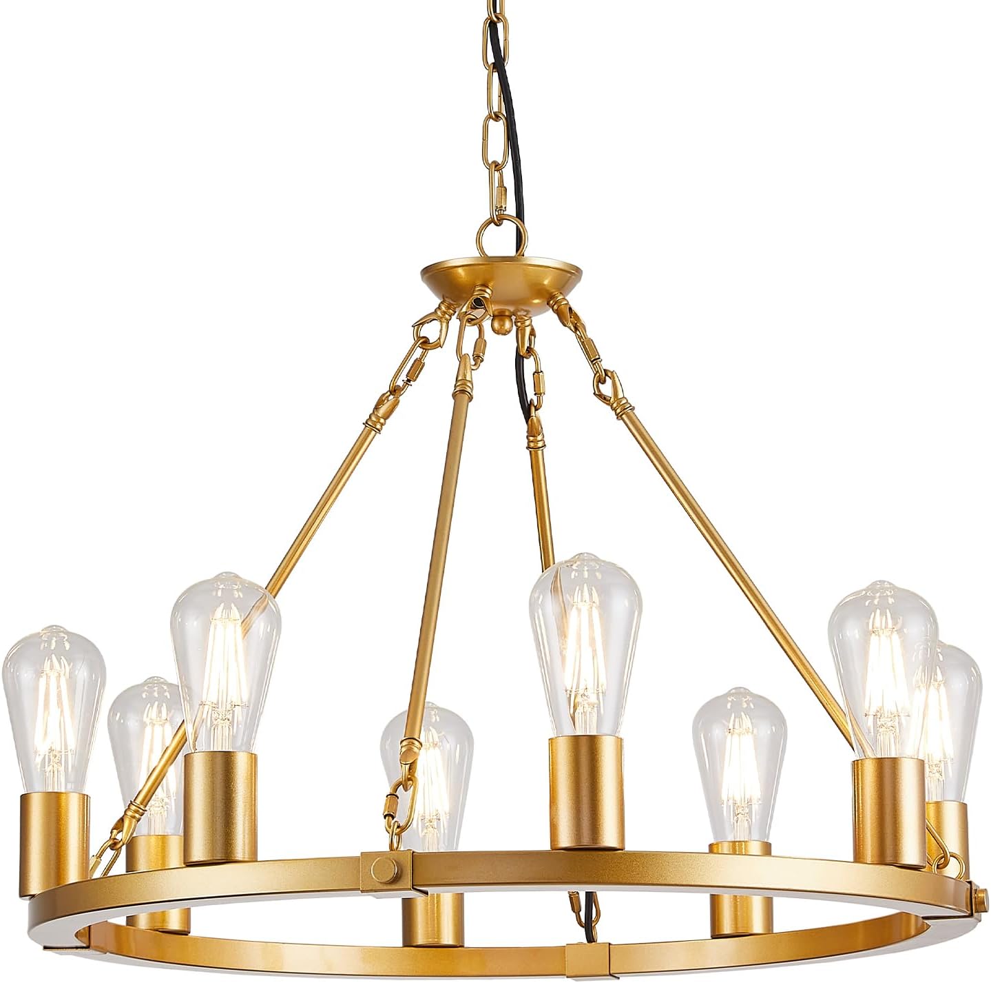8 Lights Wagon Wheel Chandelier, Black Kitchen Island Lighting Fixture round Metal Industrial Farmhouse Dining Room Pendant Light for Living Room Foyer Entryway,E26 Socket, 23.6". Height Adjustable