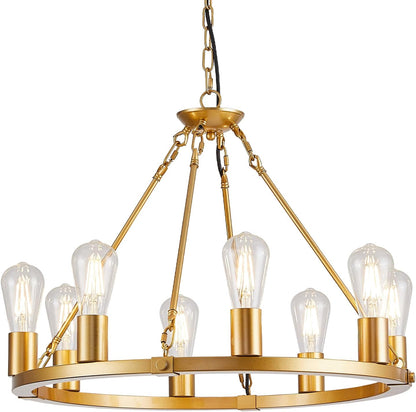 8 Lights Wagon Wheel Chandelier, Black Kitchen Island Lighting Fixture round Metal Industrial Farmhouse Dining Room Pendant Light for Living Room Foyer Entryway,E26 Socket, 23.6". Height Adjustable