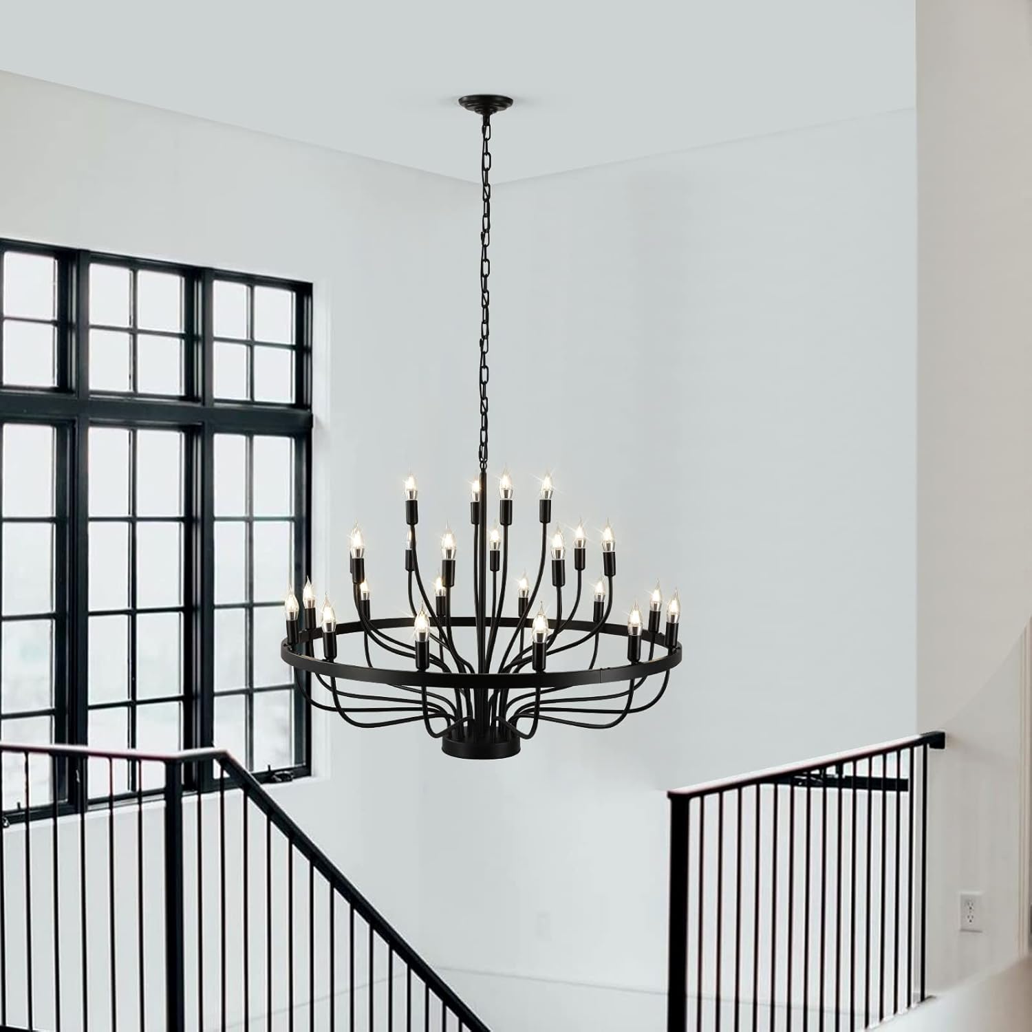 24 Light Black Candle Wagon Wheel Chandelier