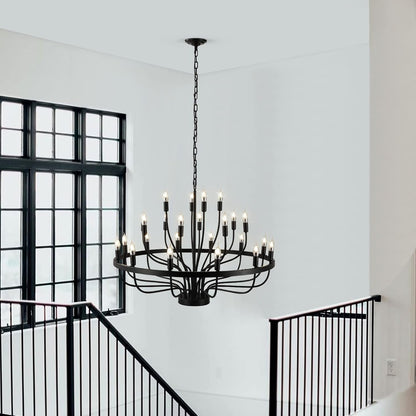 24 Light Black Candle Wagon Wheel Chandelier