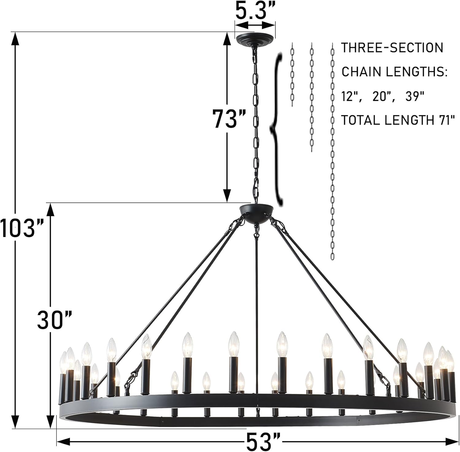 53 Inch Large Black Wagon Wheel Farmhouse Chandelier