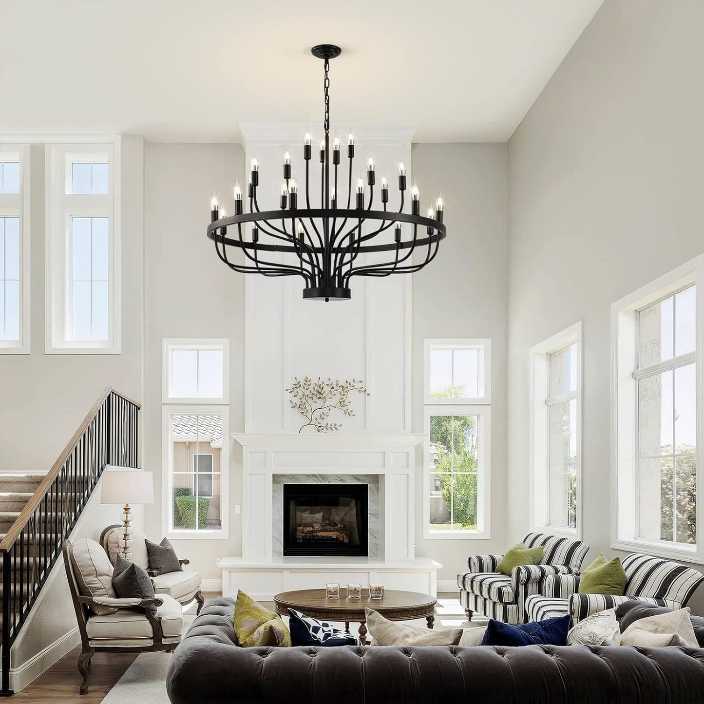 24 Light Black Candle Wagon Wheel Chandelier