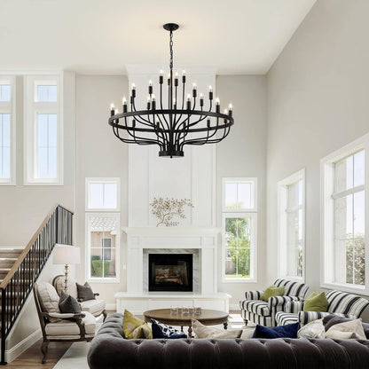 24 Light Black Candle Wagon Wheel Chandelier