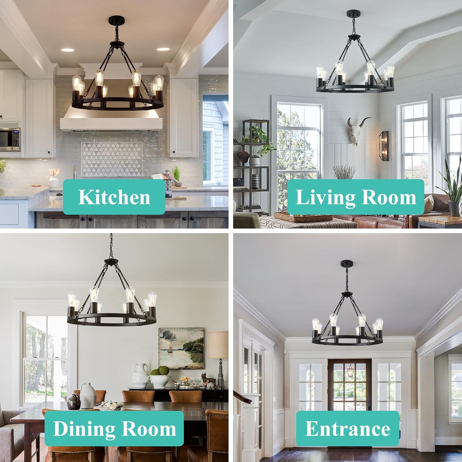 8 Lights Wagon Wheel Chandelier, Black Kitchen Island Lighting Fixture round Metal Industrial Farmhouse Dining Room Pendant Light for Living Room Foyer Entryway,E26 Socket, 23.6". Height Adjustable