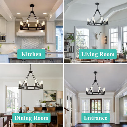 8 Lights Wagon Wheel Chandelier, Black Kitchen Island Lighting Fixture round Metal Industrial Farmhouse Dining Room Pendant Light for Living Room Foyer Entryway,E26 Socket, 23.6". Height Adjustable