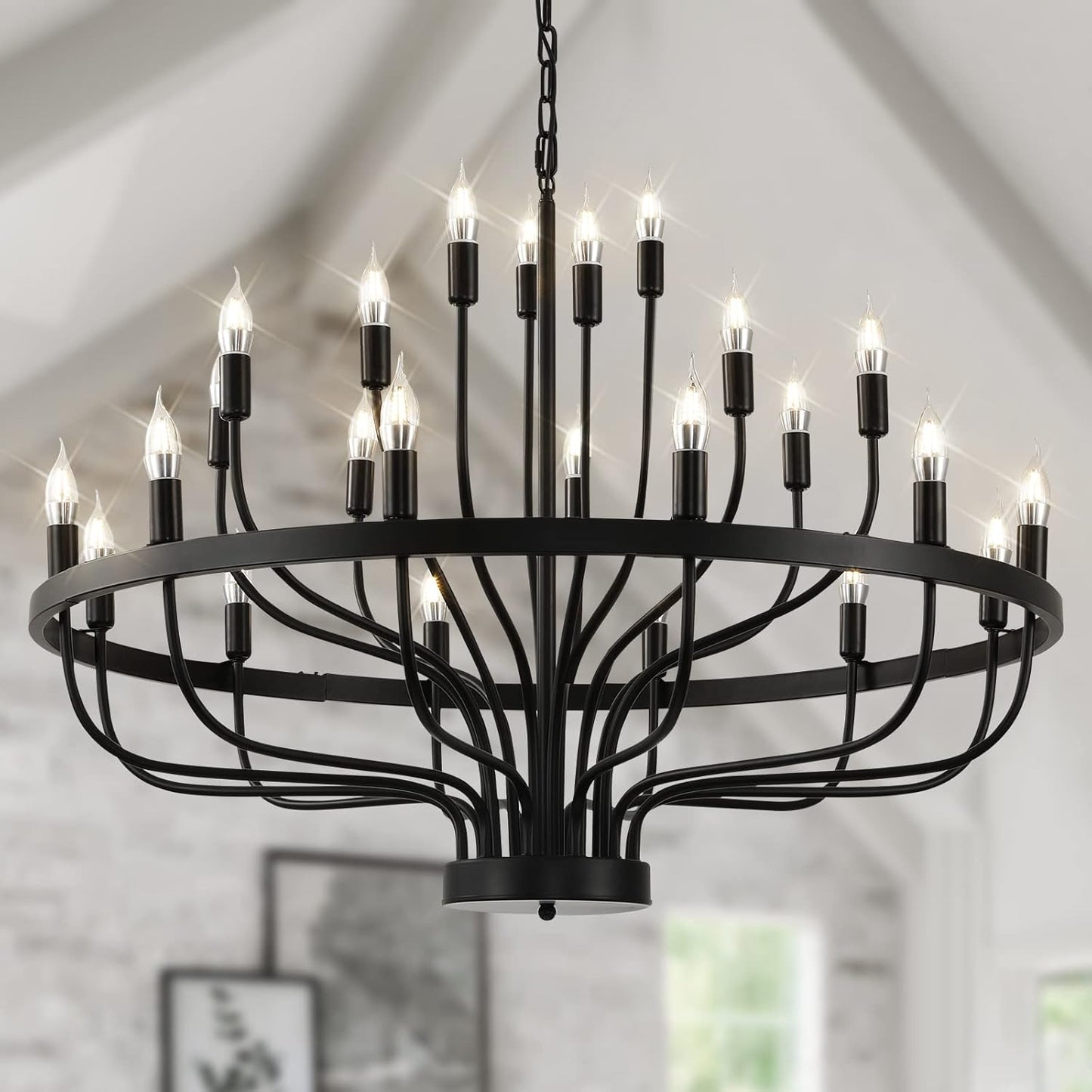 24 Light Black Candle Wagon Wheel Chandelier