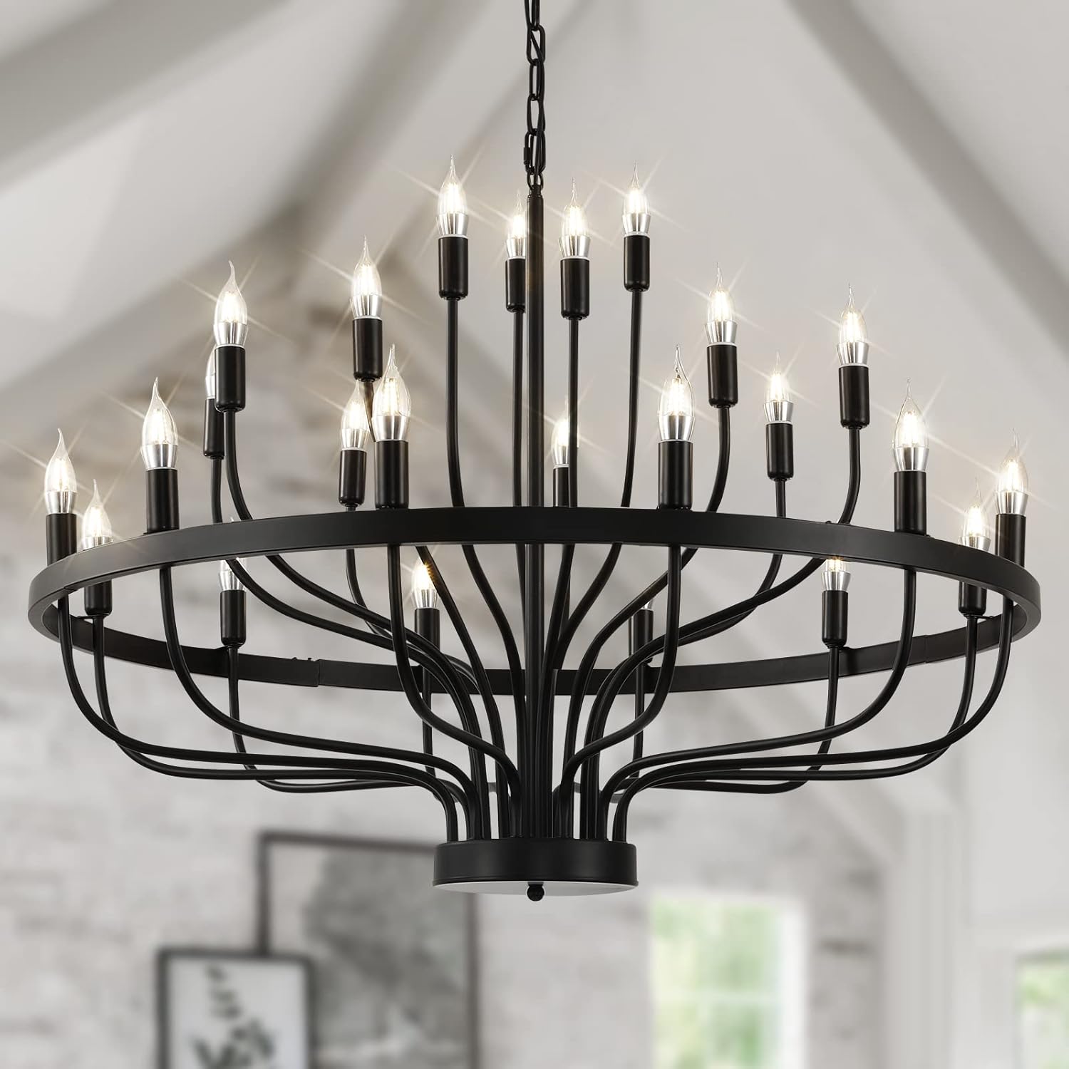 24 Light Black Candle Wagon Wheel Chandelier