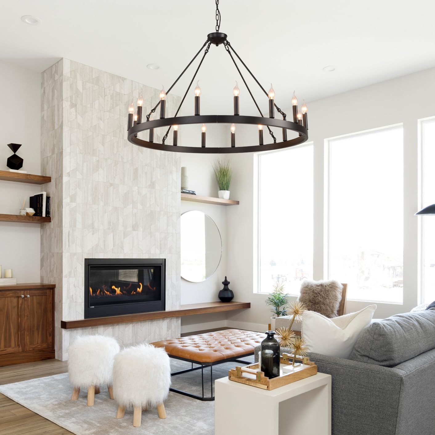 Large Industrial  Black Wagon Wheel Chandelier