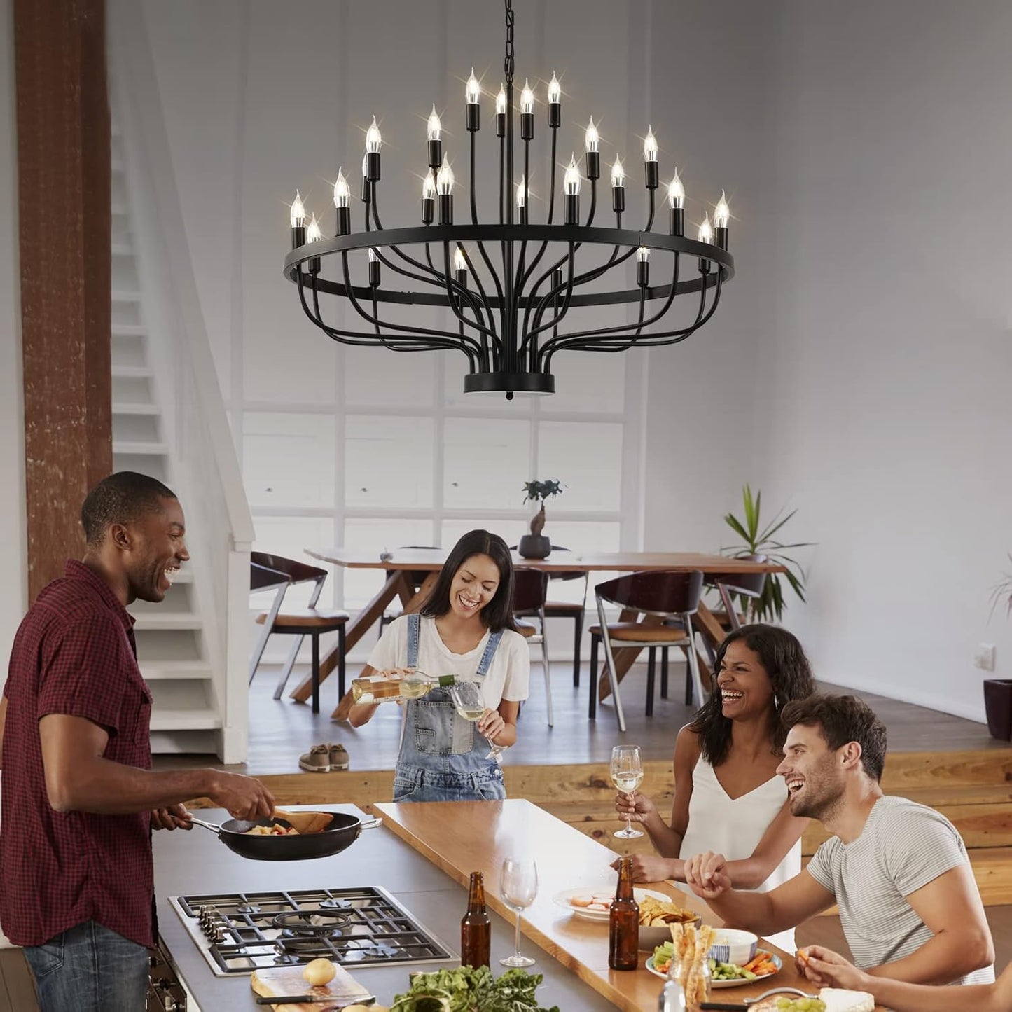24 Light Black Candle Wagon Wheel Chandelier