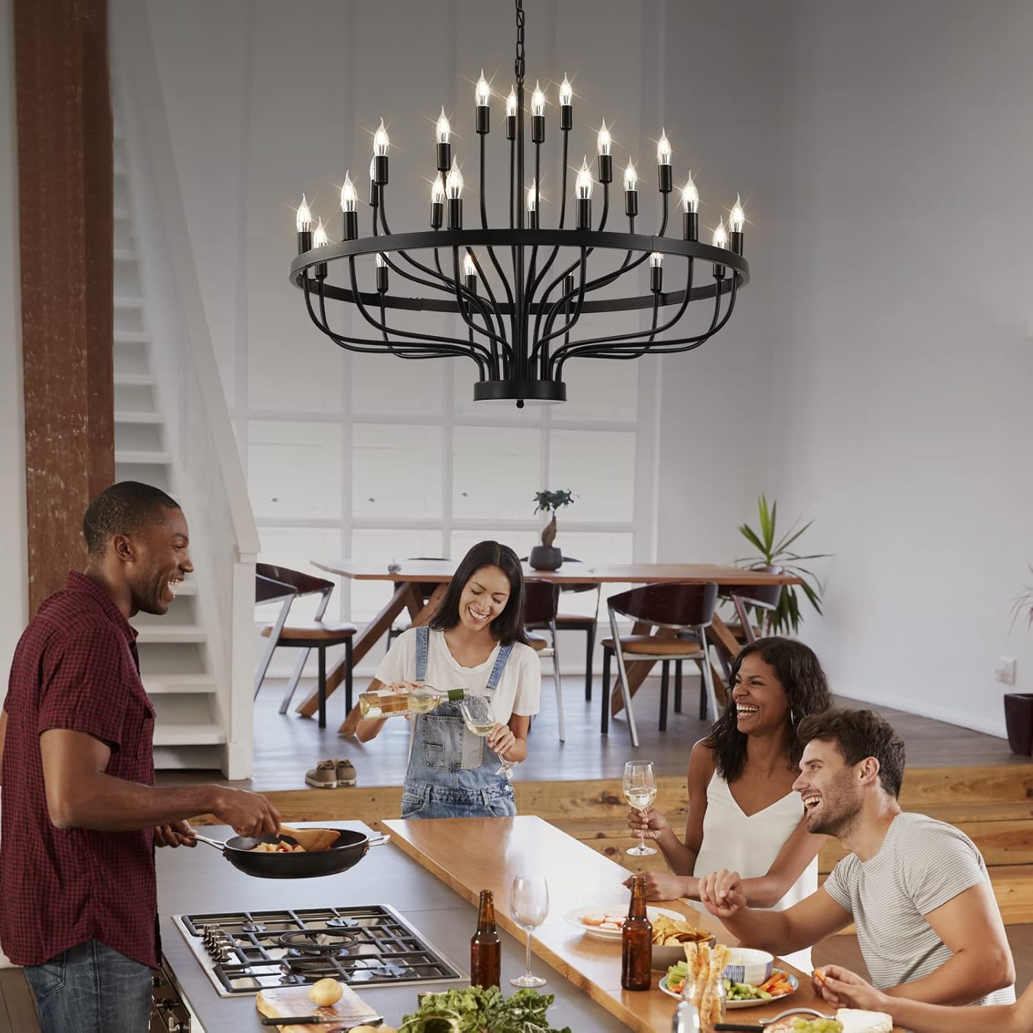 24 Light Black Candle Wagon Wheel Chandelier