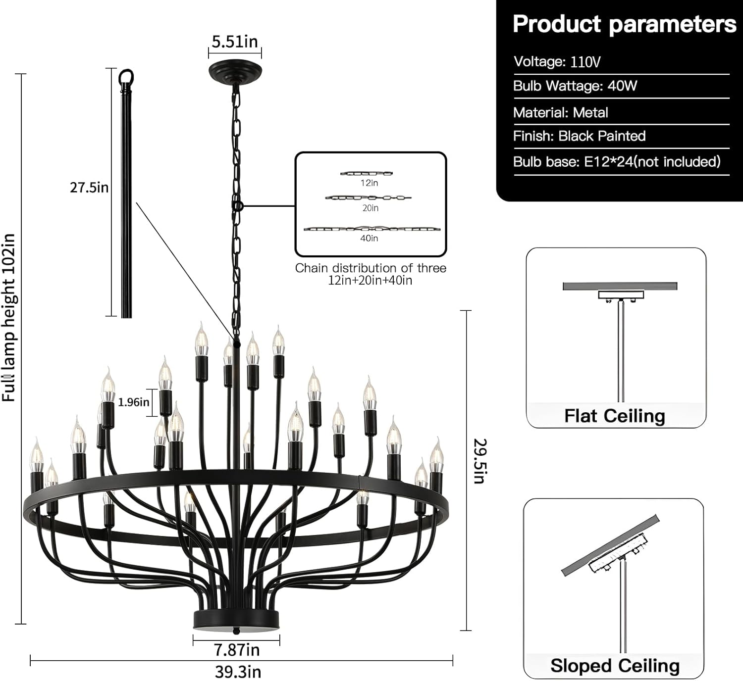 24 Light Black Candle Wagon Wheel Chandelier