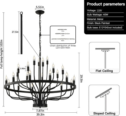 24 Light Black Candle Wagon Wheel Chandelier