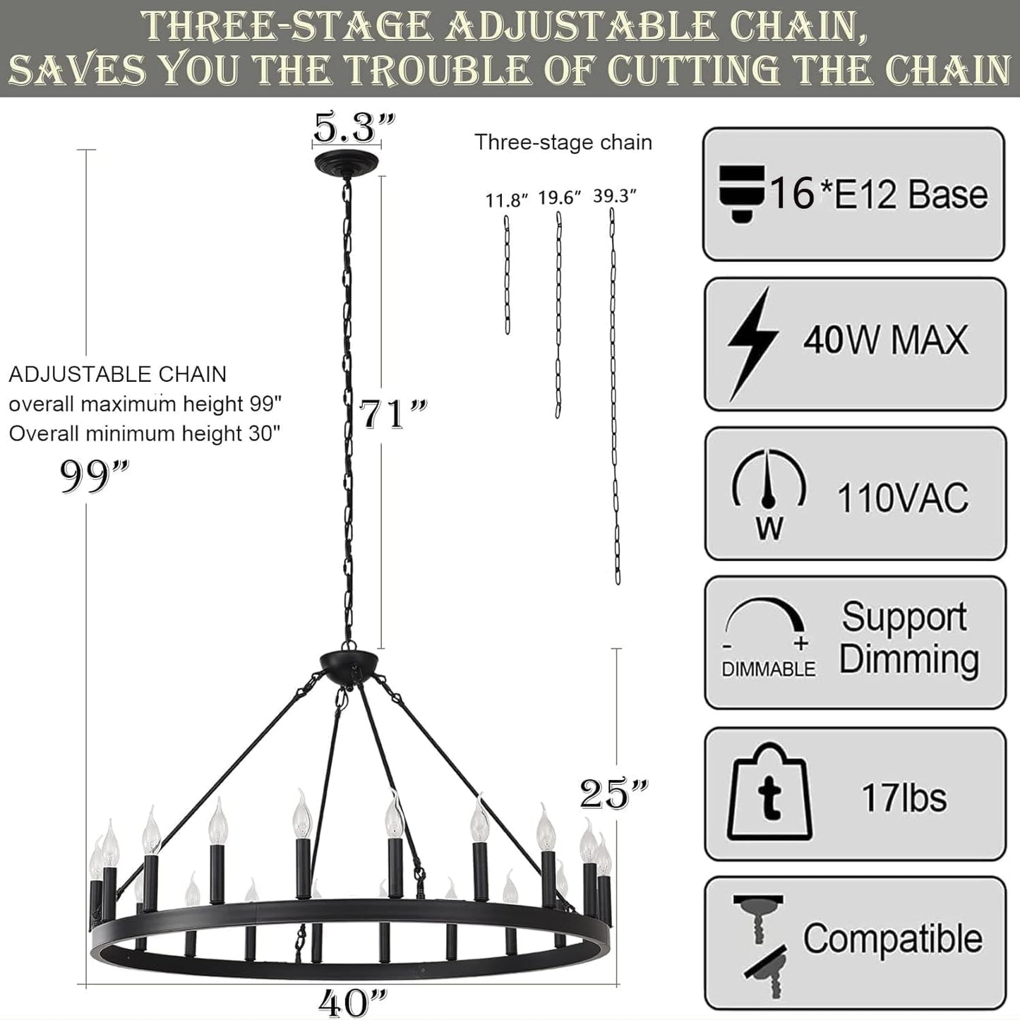 Large Industrial  Black Wagon Wheel Chandelier
