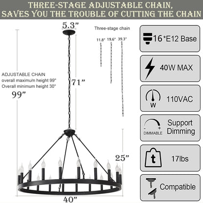Large Industrial  Black Wagon Wheel Chandelier