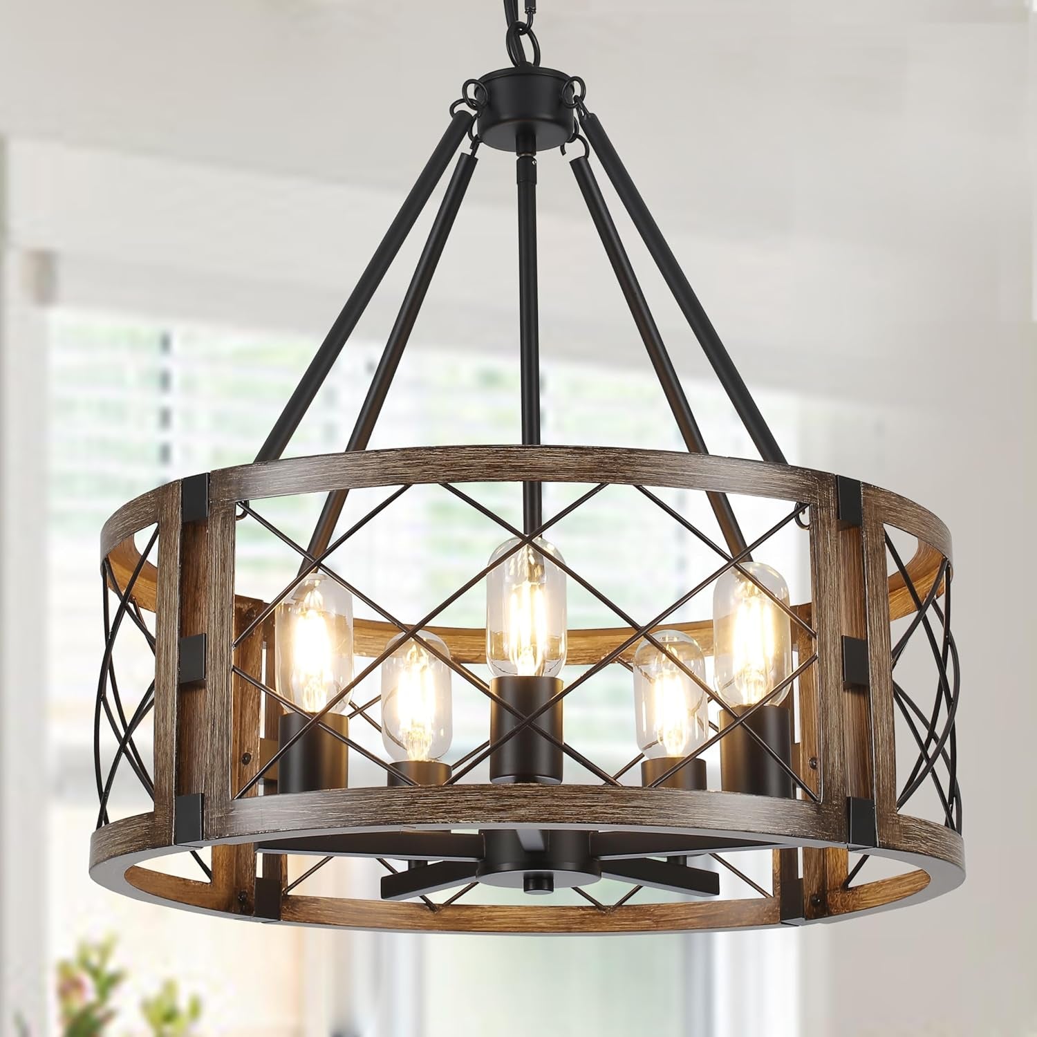 Farmhouse Chandelier, 9.8 Inch 5-Light Black Dining Room Lighting Fixtures Rustic Adjustable Hanging Pendant Lighting for Kitchen Island Entryway Foyer Bedroom Hallway