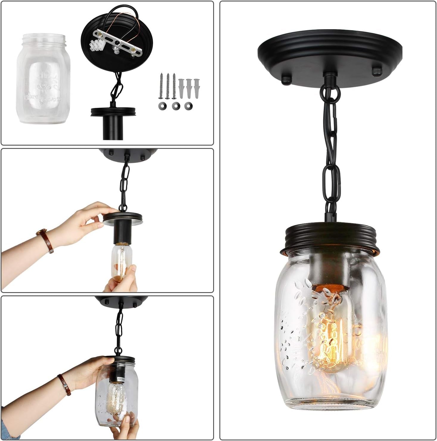 1-5 Light Glass Mason Jar Pendant Light Fixture